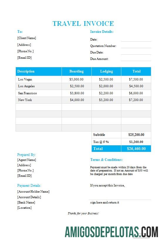 para download Modelo de formato de fatura de viagem grátis